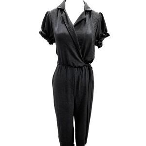 Nevena Rae Black Wrap Jumpsuit Women M Puff Sleeve Tie Waist Minimalist